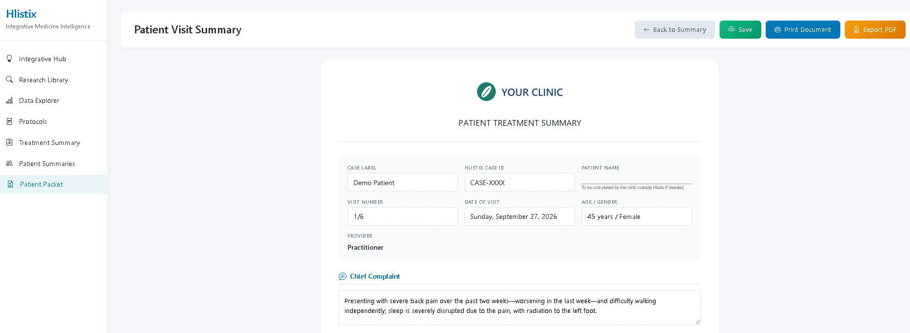 Patient treatment summary with the clinic's logo: visit number, date and chief complaint (demonstration values)