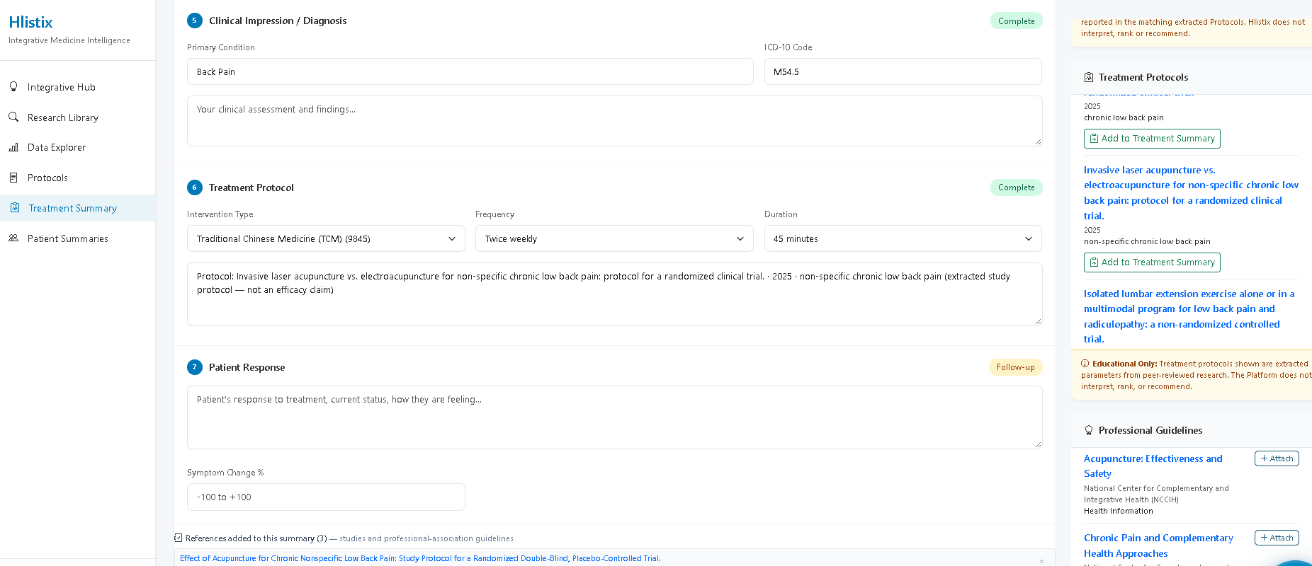 Treatment protocols reported in published research and professional guidelines beside the Treatment Summary in HLISTIX