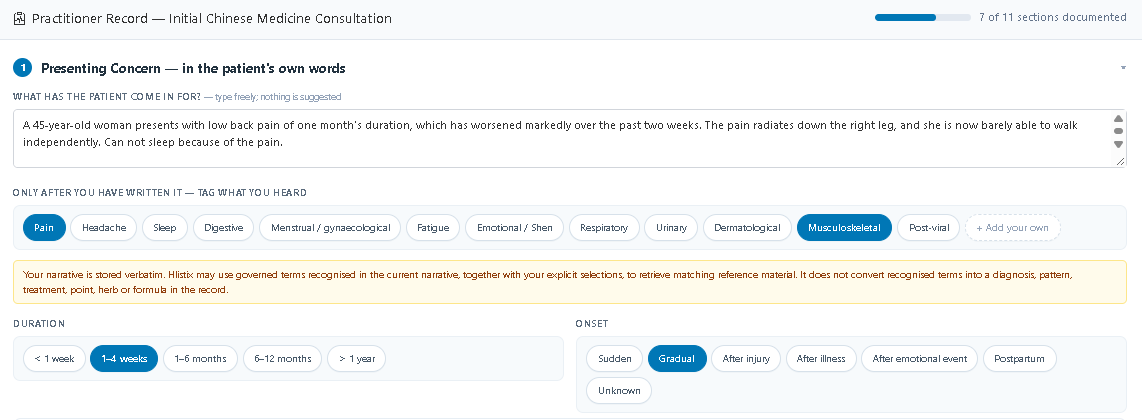 The presenting concern in the patient's own words, with the tags the practitioner selected