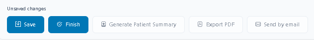 כפתורי Save, Finish, Generate Patient Summary, Export PDF ו-Send by email בעמוד סיכום הטיפול לרפואה סינית.