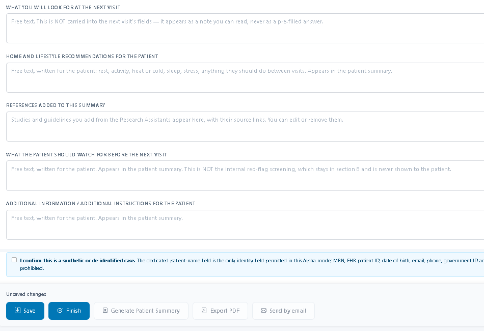 Plan and Follow-Up: what to look for at the next visit, home and lifestyle recommendations for the patient, references added to the summary, instructions for the patient, and the Save, Finish and Generate Patient Summary buttons