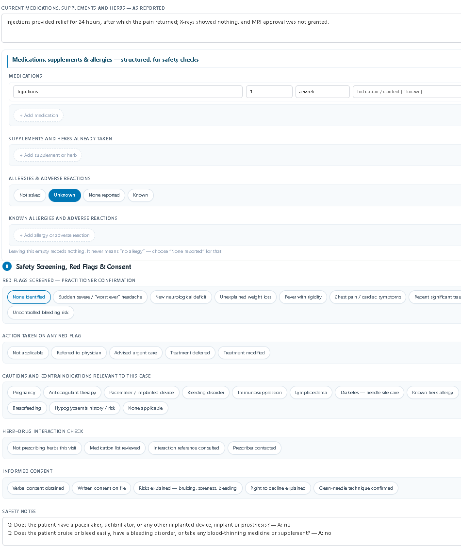 Current medications as reported, structured medications, allergies, and Safety Screening, Red Flags and Consent with the practitioner's confirmations